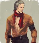  1boy armband beard belt blue_eyes brown_shirt facial_hair gloves grey_hair holster long_sleeves male_focus metal_gear_(series) metal_gear_solid_v mugikoma open_clothes open_shirt parted_lips partially_unbuttoned realistic red_gloves red_scarf revolver revolver_ocelot scarf shirt simple_background smile solo 