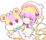  1girl bear_hat blonde_hair blue_bow bow capelet closed_mouth dual_persona fugota6509 hair_bow hanitan hanitan_(bear) highres hugging_object long_hair long_sleeves looking_at_viewer multicolored_hair open_mouth pink_eyes pretty_series purple_bow purple_hair red_eyes shirt simple_background smile stuffed_animal stuffed_toy teddy_bear twintails upper_body waccha_primagi! white_background white_capelet white_shirt 