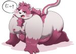 2024 all_fours anthro belly big_belly blush bungo_(tamacolle) dialogue domestic_cat exclamation_point felid feline felis hi_res japanese_text kemono kusosensei male mammal moobs nipples overweight overweight_male pink_body simple_background solo tamacolle text white_body