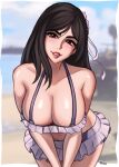  1girl absurdres beach bikini black_hair breast_focus breasts cleavage close-up day final_fantasy final_fantasy_vii final_fantasy_vii_rebirth final_fantasy_vii_remake highres large_breasts long_hair looking_at_viewer magaska19 navel ocean official_alternate_costume outdoors red_eyes skirt smile solo swimsuit tifa_lockhart 