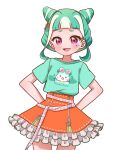 1girl :d animal_print arms_behind_back blunt_bangs character_print chii_(chi_pppuri) chimumu chimumu_(hamster) cowboy_shot double_bun frilled_skirt frills green_hair green_shirt hair_bun hair_ornament looking_at_viewer multicolored_hair open_mouth orange_skirt pink_eyes pretty_series print_shirt shirt short_hair short_sleeves sidelocks simple_background skirt smile solo standing star_(symbol) star_hair_ornament streaked_hair t-shirt waccha_primagi! white_background white_hair 