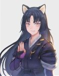  1girl ^_^ animal_ears arknights bangs black_hair black_kimono blush bryanth closed_eyes closed_mouth commentary_request dog_ears dog_tail eyebrows_visible_through_hair facial_mark fingerless_gloves forehead_mark gloves hand_up highres japanese_clothes kimono long_hair looking_at_viewer parted_bangs purple_eyes saga_(arknights) smile solo straight_hair tail tasuki upper_body very_long_hair 