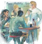  4boys beard black_hair blonde_hair brown_hair cup dated drinking_glass facial_hair final_fantasy final_fantasy_xv gladiolus_amicitia happy_birthday highres ignis_scientia jewelry looking_at_another multiple_boys necklace noctis_lucis_caelum prompto_argentum sitting smile sunglasses tamiyan_(tamiyan300) 