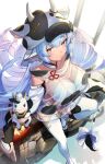  1girl animal_ears animal_hood bare_shoulders blue_hair bra breasts choker cleavage closed_mouth collarbone cow cow_ears cow_girl cow_hood detached_sleeves earrings expressionless feb_itk from_above granblue_fantasy ground_vehicle highleg highleg_panties highres hood jewelry large_breasts long_hair long_sleeves looking_at_viewer looking_up micro_shorts motor_vehicle motorcycle open_fly panties red_eyes sanpaku see-through shatola_(granblue_fantasy) shirt short_shorts shorts sitting skindentation sleeveless sleeveless_shirt solo string_panties thick_eyebrows thighhighs torn_clothes torn_legwear underwear very_long_hair white_bra white_choker white_legwear white_panties white_shorts wide_sleeves zouri 