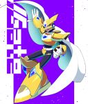  1boy android arm_up armor black_bodysuit bodysuit cape character_name chest_jewel commentary forehead_jewel full_armor gate_(mega_man) gold_armor helmet looking_at_viewer male_focus mega_man_(series) mega_man_x6 mega_man_x_(series) shoulder_armor solo sznami129 white_cape 