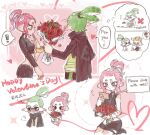  ! 1girl 2boys agent_3_(splatoon) agent_4_(splatoon) agent_8_(splatoon) black_cape blonde_hair blush bouquet cape chinese_commentary chinese_text ear_blush english_text film_grain flower green_hair grey_eyes happy_valentine heart high-visibility_vest highres holding holding_bouquet inkling inkling_boy inkling_player_character long_sleeves multiple_boys nose_blush octoling octoling_girl octoling_player_character pink_hair pointy_ears ponytail red_flower red_rose rose short_hair speech_bubble splatoon_(series) splatoon_2 splatoon_2:_octo_expansion spoken_exclamation_mark suction_cups tentacle_hair thenintlichen96 thought_bubble 