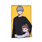  1boy 1girl black_shirt blunt_bangs bow brown_eyes brown_hair closed_mouth doujima_nanako grey_eyes grey_hair hair_bow highres hug long_sleeves low_twintails narukami_yuu notice_lines persona persona_4 pink_bow shirt short_hair short_twintails simple_background tongu_11 twintails white_shirt 