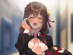  1girl 1other black_shirt blurry blurry_background blush braid breasts closed_eyes hand_on_own_cheek hand_on_own_face hand_up happy happy_tears kono_subarashii_sekai_ni_shukufuku_wo! long_hair long_sleeves necktie open_mouth pink_necktie red_eyes shirt sidelocks smile solo_focus taku_pi tears tongue yunyun_(konosuba) 