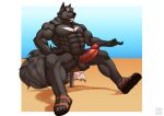  abs anthro balls biceps big_muscles big_penis black_body black_fur canid canine canis clothing erection footwear fur genitals humanoid_genitalia humanoid_penis male mammal muscular muscular_anthro muscular_male nude pecs penis purpledragonrei sandals silver_fang sitting solo wolf 