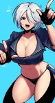  1girl angel_(kof) backless_pants blue_eyes bra breasts chaps cleavage crop_top cropped_jacket fingerless_gloves gloves hair_over_one_eye highres horns_pose index_fingers_raised jacket large_breasts leather leather_jacket looking_at_viewer midriff navel panties pants ryo_yo_shi short_hair smile snk solo strapless strapless_bra the_king_of_fighters the_king_of_fighters_xiv toned underwear white_hair 