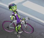 beast_boy_(dc) bicycle bicycle_helmet bike_shorts biker_clothes bikesuit bodysuit color_connection colored_skin cycling_uniform day dc_comics green_eyes green_hair green_skin gyosone helmet outdoors pointy_ears riding riding_bicycle road road_bicycle shoes signature street sweat teen_titans two-tone_sneakers 