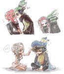  1boy 1girl agent_3_(splatoon) agent_8_(splatoon) black_cape blonde_hair blue_eyes blue_hair bodysuit breasts bright_pupils cape chinese_commentary chinese_text cleavage crop_top eye_contact flying_sweatdrops green_hair grey_eyes grey_hair hat headgear high-visibility_vest highres indian_style inkling inkling_boy inkling_player_character looking_at_another medium_breasts medium_hair motion_lines multicolored_hair octoling octoling_girl octoling_player_character peaked_cap poncho ponytail red_hair short_hair simple_background sitting sleeping speech_bubble splatoon_(series) splatoon_2 splatoon_2:_octo_expansion splatoon_3 splatoon_3:_side_order suction_cups tentacle_hair thenintlichen96 translation_request two-tone_hair wariza white_background white_bodysuit white_pupils yellow_eyes zzz 