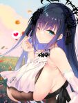  1girl artist_request black_flower black_hair black_ribbon black_rose blue_eyes blush breasts detached_sleeves dress finger_heart flower gradient_hair hair_flower hair_ornament halo heart huge_breasts indie_virtual_youtuber long_hair looking_at_viewer mole mole_under_eye multicolored_hair one_eye_closed petals purple_hair ribbon rose second-party_source sideboob smile solo speech_bubble spoken_heart virtual_youtuber white_dress yozora_meguru 