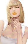  1girl am_202004 blackpink blonde_hair bob_cut close-up commentary eyeshadow highres jewelry lisa_(blackpink) looking_to_the_side makeup mole necklace ring simple_background solo white_background yellow_eyeshadow yellow_lips yellow_nails 
