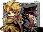  2boys belt black_coat black_hair black_headwear black_pants blonde_hair border brown_cape cape coat crossed_arms dio_brando hair_over_one_eye hand_in_pocket hat jojo_no_kimyou_na_bouken kotorai kujo_jotaro long_hair long_sleeves male_focus multiple_belts multiple_boys no_nose pants red_eyes red_shirt shirt short_hair white_border yellow_pants 