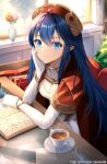  1girl absurdres ahoge blue_eyes blue_hair book breasts cape cup dress elbow_gloves fire_emblem fire_emblem:_the_binding_blade fire_emblem_heroes flower gloves hair_between_eyes hat head_rest highres indoors jewelry lilina_(fire_emblem) lilina_(firelight_leader)_(fire_emblem) long_hair looking_at_viewer medium_breasts mixed-language_commentary official_alternate_costume open_book plate red_cape red_headwear rose ryo-suzuki sitting solo table teacup white_dress white_gloves 