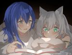  2girls animal_ears aogisa blue_hair blush book dp-12_(girls_frontline) dp12_(girls_frontline) eyebrows_visible_through_hair girls_frontline grey_hair highres ksvk_(girls_frontline) long_hair looking_at_another looking_down lying multiple_girls on_stomach open_mouth shirt simple_background smile white_shirt 