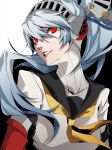  1girl absurdres android black_background black_sailor_collar blue_hair grin hair_between_eyes high_ponytail highres labrys_(persona) long_hair looking_at_viewer neckerchief persona persona_4 persona_4:_the_ultimate_in_mayonaka_arena pertex_777 ponytail red_eyes sailor_collar school_uniform shirt short_sleeves simple_background smile solo two-tone_background upper_body very_long_hair white_background white_shirt yasogami_school_uniform yellow_neckerchief 