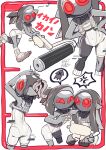  5girls anger_vein arms_up artist_name ass bodysuit border breasts cleavage colored_skin commentary_request covered_navel cropped_legs glitch grey_skin gun hands_on_own_hips highres holding holding_gun holding_weapon jelleton kellymae multiple_girls musical_note order_roller_(splatoon) order_shot_(splatoon) parallel_canon red_border red_eyes running short_twintails splatoon_(series) splatoon_3 splatoon_3:_side_order spoken_anger_vein translation_request twintails weapon white_bodysuit 