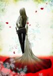  artist_name blonde_hair blood blood_on_clothes floral_background from_behind hand_on_own_hip hellsing highres holding holding_clothes integra_hellsing long_hair petals rose_petals sheath sheathed sword toshimichi_yukari weapon web_address 