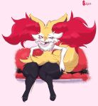  anthro bedroom_eyes big_ears black_body black_fur braixen cheek_tuft chest_tuft colored digitigrade eyebrows eyelashes facial_tuft female fur furniture hi_res inner_ear_fluff narrowed_eyes nintendo paws pok&eacute;mon pok&eacute;mon_(species) raised_eyebrows red_eyes red_nose seductive short_stack signature simple_background sitting small_waist smile smirk sofa solo thick_thighs tuft uromatsu video_games white_body white_fur wide_hips yellow_body yellow_fur 