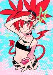  1girl arm_up blush choker crop_top cropped_legs demon_girl demon_tail demon_wings disgaea earrings etna_(disgaea) flat_chest heart heart-shaped_pupils hekaton jewelry looking_at_viewer micro_shorts mini_wings navel one_eye_closed pointy_ears red_eyes red_hair red_wings shorts skull_earrings smile solo spiked_choker spikes symbol-shaped_pupils tail valentine wings 