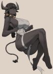  1girl animal_ears bell black_hair breasts closed_eyes colored_skin cow_ears cow_girl cow_horns cow_tail cowbell ear_tag full_body grey_background grey_skin highres horns large_breasts leotard long_hair neck_bell nipples original simple_background solo soolee040995 sweat tail thigh_strap 