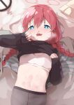  1girl absurdres black_sweater blood blood_on_face blue_archive blue_eyes blush bra braid breath clothes_lift crying crying_with_eyes_open halo handprint hat heavy_breathing highres lying maki_(blue_archive) midriff navel nosebleed on_back open_mouth painnico red_hair red_halo slap_mark solo steam stomach_slap_mark sweat sweater sweater_lift tears twin_braids underwear unworn_hat unworn_headwear wavy_mouth white_bra 