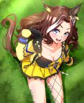  1girl absurdres animal_ears blue_eyes blush breasts brown_hair cleavage collarbone daring_heart_(umamusume) gloves grass hair_ornament highres horse_ears horse_girl horse_tail insein looking_at_viewer mole mole_on_breast open_mouth sitting solo tail umamusume 