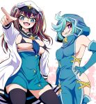  2girls akoya_matama anemo_nemo aqua_hair bikini bikini_top_only black_bikini black_sailor_collar black_thighhighs blue_dress blue_footwear blue_neckerchief boots breasts brown_hair coat cowboy_shot dress elbow_gloves fangs gloves green_eyes green_skirt grin hair_over_one_eye hand_on_own_hip high-waist_skirt highres hood hood_up hooded_dress large_breasts leberblume loco_musica long_hair long_sleeves looking_at_viewer magical_girl mahou_shoujo_ni_akogarete mamiyama medium_breasts medium_dress microskirt multicolored_hair multiple_girls neck_tattoo neckerchief open_clothes open_coat open_mouth pointing purple_eyes sailor_collar sharp_teeth short_hair side-by-side sideless_dress sideless_outfit skirt smile standing streaked_hair swimsuit tattoo teeth thigh_boots thighhighs two-tone_hair two_side_up white_coat 