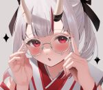  1girl absurdres adjusting_eyewear bell bespectacled black_ribbon blush commentary_request diamond_(shape) glasses grey_background hair_bell hair_ornament hair_ribbon hands_on_eyewear highres hololive horns japanese_clothes kaede_nekoshima kimono long_hair looking_at_viewer multicolored_hair nakiri_ayame nakiri_ayame_(shrine_maiden) nontraditional_miko official_alternate_costume oni parted_lips portrait red_eyes red_hair red_kimono ribbon round_eyewear sidelocks simple_background skin-covered_horns solo sparkle streaked_hair teardrop-framed_glasses two-tone_kimono virtual_youtuber white-framed_eyewear white_hair white_kimono 