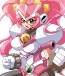  1girl :o amagi_hikaru armor bow chou_kousoku_grandoll clenched_hands gloves green_eyes hair_bow inaho long_hair looking_at_viewer mecha_musume open_mouth pink_hair solo twintails white_background white_gloves yellow_bow 