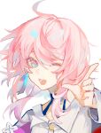  1girl ahoge black_choker blue_eyes choker commentary_request earrings hair_intakes highres honkai:_star_rail honkai_(series) jewelry liyli long_sleeves looking_at_viewer march_7th_(honkai:_star_rail) medium_hair one_eye_closed open_mouth pink_eyes pink_hair portrait shirt simple_background single_earring smile solo two-tone_eyes white_background white_shirt 
