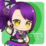  1girl black_gloves black_jacket black_shirt border bow chain character_name chibi chii_(chi_pppuri) closed_mouth cowboy_shot cropped_shirt drop_shadow gloves green_background grey_bow happy_birthday idol_clothes jacket long_hair looking_at_viewer midriff outside_border pretty_series pripara purple_hair purple_skirt shirt short_sleeves side_ponytail skirt smile solo standing toudou_shion white_border yellow_eyes 