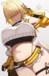  1girl arm_guards belt blonde_hair blush breasts closed_mouth clothing_cutout crop_top crop_top_overhang cropped_sweater elegg_(nikke) gloves goddess_of_victory:_nikke hair_intakes hair_over_eyes highres large_breasts long_bangs long_sleeves micro_shorts midriff navel plump samegami shorts shoulder_cutout smile solo sweater thighs v white_shorts white_sweater 