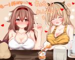  2girls alternate_costume animal_print bare_shoulders black_hairband blonde_hair blush bottle breasts brown_eyes brown_hair cleavage closed_eyes collarbone commentary_request cup drunk fake_horns hair_between_eyes hair_bun hair_flaps hairband heart highres horns kantai_collection large_breasts long_hair looking_at_viewer multiple_girls open_mouth pointing pointing_up ranger_(kancolle) red_hairband shiratsuyu_(kancolle) smile translation_request upturned_eyes wine_bottle yuki_(yukineko-nyaa) 