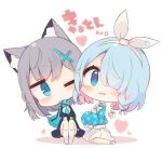  2girls animal_ear_fluff animal_ears bangs black_skirt blue_archive blue_eyes blue_hair blue_jacket blue_scarf blue_shirt blush bow chibi colored_shadow commentary_request drooling eyebrows_visible_through_hair fringe_trim grey_hair hair_ornament hair_over_one_eye head_tilt heart jacket knees_up long_sleeves looking_at_viewer mouth_drool multicolored_hair multiple_girls muuran open_clothes open_jacket parted_lips pink_hair pleated_skirt sailor_collar scarf shadow shirt signature sitting skirt sleeves_past_fingers sleeves_past_wrists socks translation_request two-tone_hair wavy_mouth white_background white_bow white_legwear white_sailor_collar white_shirt white_skirt 
