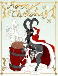 anthro bodily_fluids bovid butt caprine caprine_demon christmas christmas_clothing clothing cum demon fur genital_fluids genitals goat goat_demon grey_body grey_fur hi_res holiday_card holidays horn jinti jinti_(artist) long_ears male mammal merry_christmas penis pubes santa_coat simple_background solo yellow_eyes