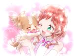  1girl animal artist_name clothing_cutout dog earrings frilled_sleeves frills hair_ornament hairclip high_collar holding holding_animal inukai_iroha inukai_komugi inukai_komugi_(dog) jewelry medium_hair neck_ribbon one_eye_closed open_mouth pink_ribbon precure red_hair ribbon shirt short_sleeves shoulder_cutout signature smile solo star_(symbol) starry_background suspenders white_shirt white_silver_violet wonderful_precure! 