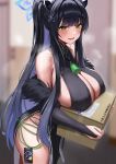  1girl absurdres animal_ears bare_shoulders black_dress black_hair blue_archive blue_halo blurry blurry_background blush box breasts bridal_gauntlets cleavage commentary covered_nipples dress green_eyes halo highres holding holding_box large_breasts long_hair onedoo parted_lips ponytail shun_(blue_archive) sideboob smile solo symbol-only_commentary 