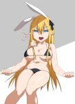  1girl animal_ears aqua_eyes arms_at_sides bare_legs bikini black_bikini black_ribbon blonde_hair breasts breath cleavage collarbone commentary_request hair_between_eyes hair_ornament hair_ribbon highres hot large_breasts leaning_back long_hair open_mouth original pointy_ears rabbit_ears ribbon shadow simple_background sitting solo superkyu sweat swimsuit tongue tongue_out underwear white_background 