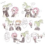  1girl 2boys ? agent_3_(splatoon) agent_8_(splatoon) black_jacket blonde_hair blush english_text flying_sweatdrops full-face_blush green_hair grey_eyes headgear high-visibility_vest highres inkling inkling_boy inkling_player_character jacket long_sleeves love_letter miniskirt multiple_boys necktie nervous octoling octoling_girl octoling_player_character open_clothes open_jacket pink_hair pleated_skirt pointy_ears ponytail red_necktie school_uniform simple_background skirt speech_bubble splatoon_(series) splatoon_2 splatoon_2:_octo_expansion spoken_question_mark suction_cups sweater_vest tentacle_hair thenintlichen96 white_background yellow_eyes 