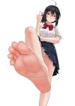  1girl absurdres ahoge black_hair black_skirt bow breasts brown_eyes closed_mouth collared_shirt commentary_request foot_out_of_frame frown hair_between_eyes hair_ribbon highres kimi_no_na_wa. middle_finger miyamizu_mitsuha no_shoes panties pleated_skirt red_bow ribbon shirt short_hair short_sleeves simple_background skirt small_breasts soles solo standing standing_on_one_leg toenails toes underwear white_background white_panties xo_(xo17800108) 