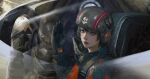  1girl 1other absurdres aqua_eyes armor black_hair cockpit commentary eagle_1_(helldivers) english_commentary gloves helldiver_(helldivers) helldivers_(series) helmet highres oxygen_mask pilot pilot_suit reflection salute science_fiction short_hair skull tally xianggang_jizhe 