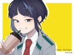  1girl black_eyes black_hair blue_hair boku_no_hero_academia collared_shirt cup dated disposable_cup gift_art grey_jacket happy_birthday highres holding holding_cup jacket jirou_kyouka long_earlobes looking_at_viewer necktie red_necktie school_uniform shirt short_hair simple_background solo tongu_11 two-tone_background u.a._school_uniform upper_body white_shirt yellow_background 