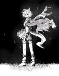  1girl animal_ears armor arms_at_sides asymmetrical_bangs boots cape closed_mouth corset crown floating_cape full_body grass greyscale hair_between_eyes highres horse_ears horse_girl horse_tail jewelry long_sleeves looking_at_viewer looking_to_the_side mame_nabe_donko mini_crown monochrome multiple_rings ring shirt short_hair shoulder_armor skirt smile solo standing t.m._opera_o_(umamusume) tail thick_tail thighhighs traditional_media umamusume wind 