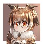  1girl adjusting_eyewear artist_name bangs black-framed_eyewear brown_background brown_eyes brown_hair brown_jacket closed_mouth commentary eurasian_eagle_owl_(kemono_friends) eyebrows_visible_through_hair fur-trimmed_jacket fur_trim glasses gloves hair_between_eyes hand_up jacket kemono_friends long_sleeves looking_at_viewer round_eyewear signature sleeves_past_wrists solo two-tone_background upper_body villyane white_background white_gloves 