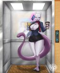 absurd_res anthro areola areola_slip beverage big_breasts bottomwear breasts clothed clothing coffee elevator female generation_1_pokemon genitals hi_res legendary_pokemon mew_tuely_(fan_character) mewtwo nintendo no_underwear pokemon pokemon_(species) pussy scarf skirt suit vedtomd
