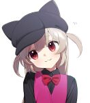  1girl :3 animal_hat black_headwear black_shirt blush bow bowtie collared_shirt grey_hair hat head_tilt highres long_hair nano_(nan0ng) natori_sana pink_vest red_bow red_bowtie red_eyes sana_channel shirt simple_background solo two_side_up upper_body vest virtual_youtuber white_background 