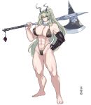  1641875782 1girl abs absurdres axe barefoot barghest_(fate) barghest_(ice_warrior)_(fate) blonde_hair breasts fate/grand_order fate_(series) full_body green_eyes heterochromia highres large_breasts long_hair muscular muscular_female red_eyes simple_background solo white_background 